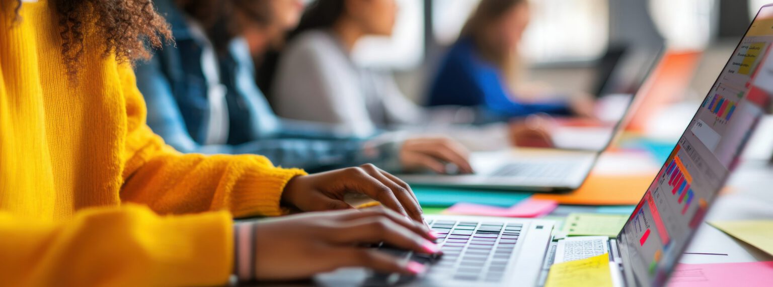 Close-up of young people working together on a laptop computer with colorful papers and pens at an office desk