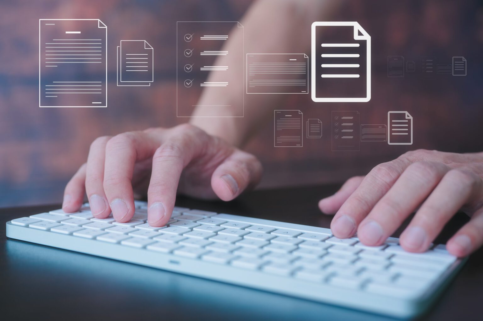 Man hands typing on wireless computer keyboard, Document data system Report HR technology Concept: Businessman Manager checking white documents reports papers of files icon in modern office