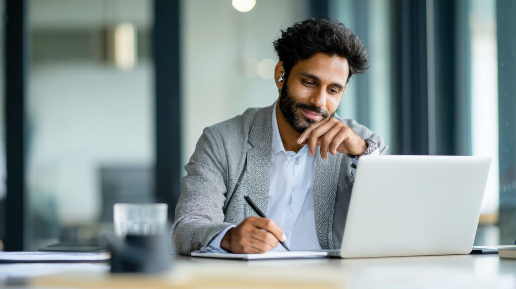 young indian businessman entrepreneur using computer working online doing research taking notes watching business training webinar in office having virtual chat meeting looking at laptop at work no l