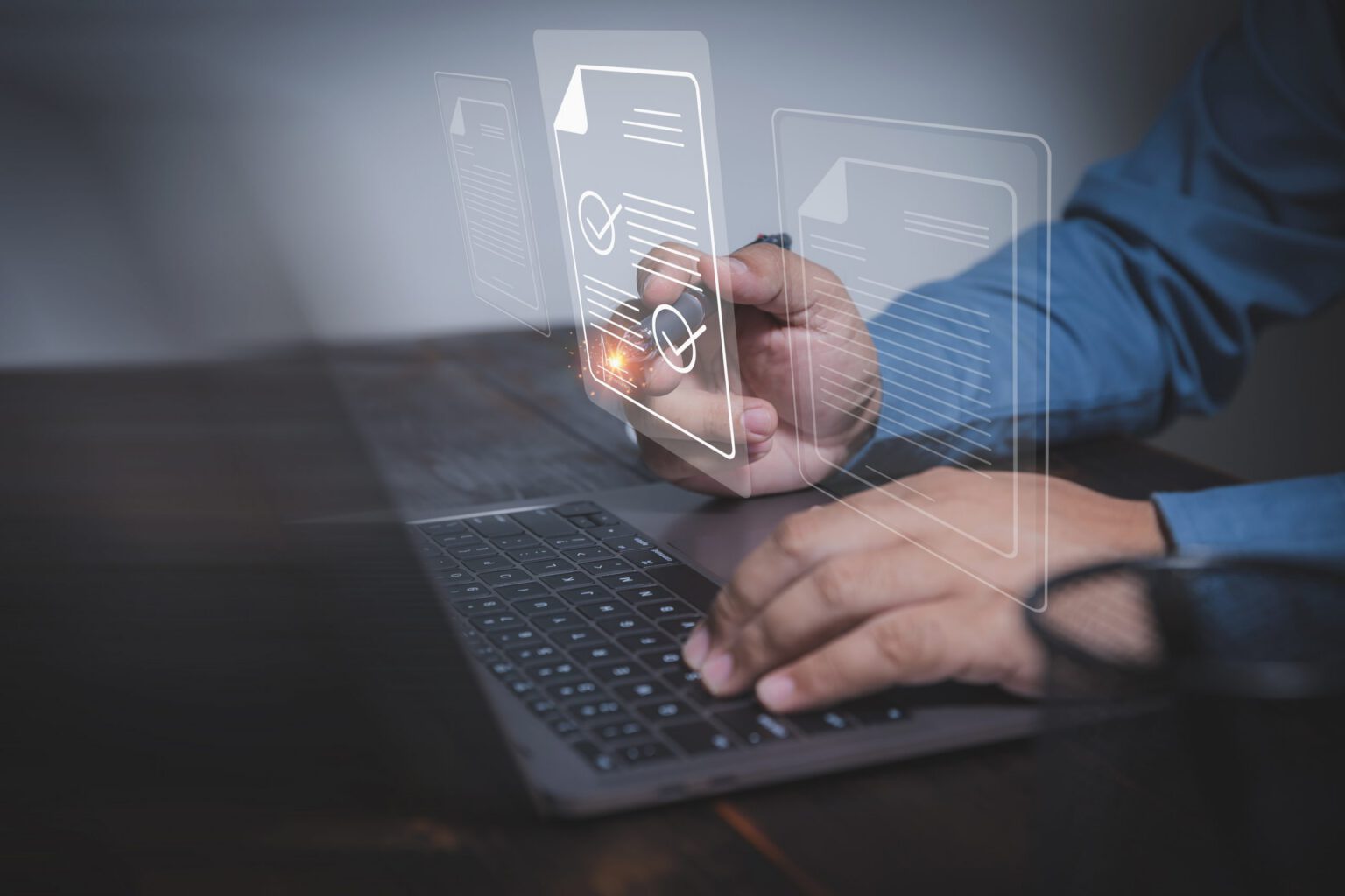 Businessman using a pen signing electronic file agreement of business for no use paper. paperless office, digital document, technology security to the future. Signature electronic of document concept