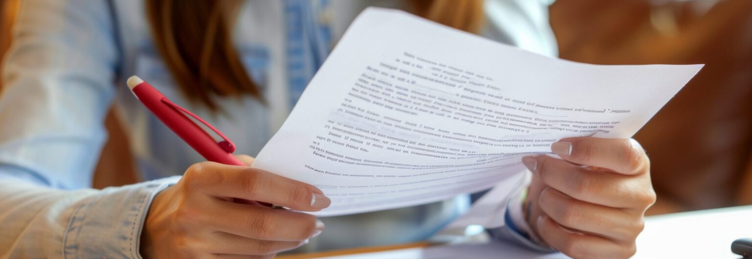 femme relisant et ratifiant un document papier faisant office de contrat écrit