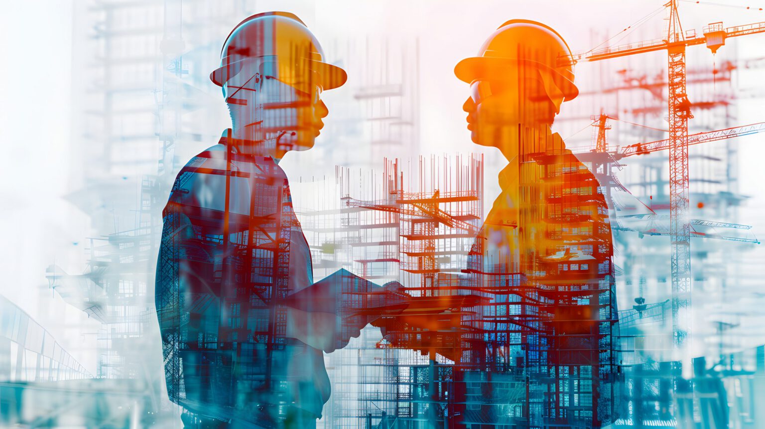 two civil engineers discuss an architectural plan, in a double exposure with a large construction site, in front of a solid white background, creative colors