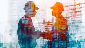 two civil engineers discuss an architectural plan, in a double exposure with a large construction site, in front of a solid white background, creative colors