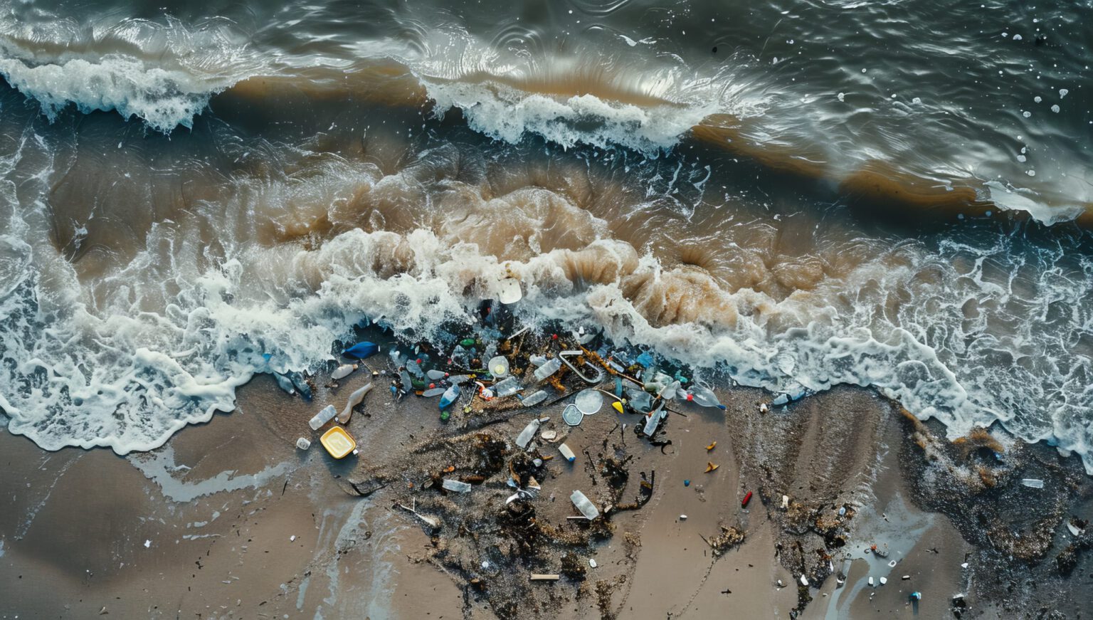 aerial view of the ocean waves crashing onto an overcast beach, with scattered plastic bottles and other debris on its shore