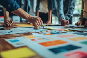 Team discussing project scope, office setting, planning