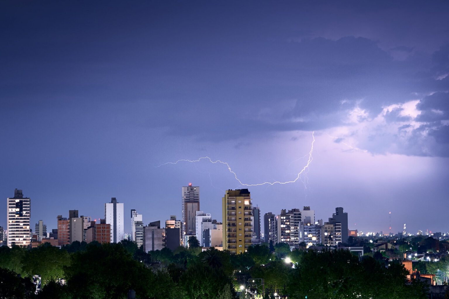 Shot of the lightning strike on a city skyline