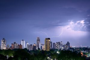 Shot of the lightning strike on a city skyline
