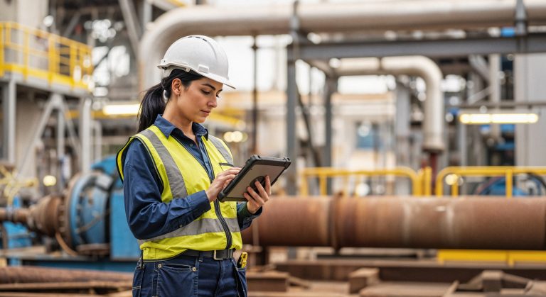female-engineer-inspecting-equipment-tablet
